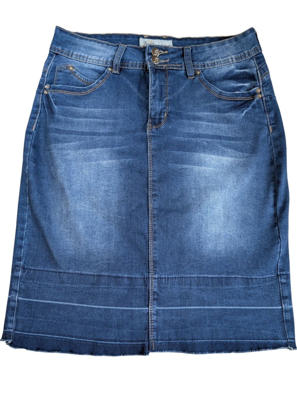 Royalty For Me Women's Sz 10 Denim Skirt Raw Hem Back Split Stretch